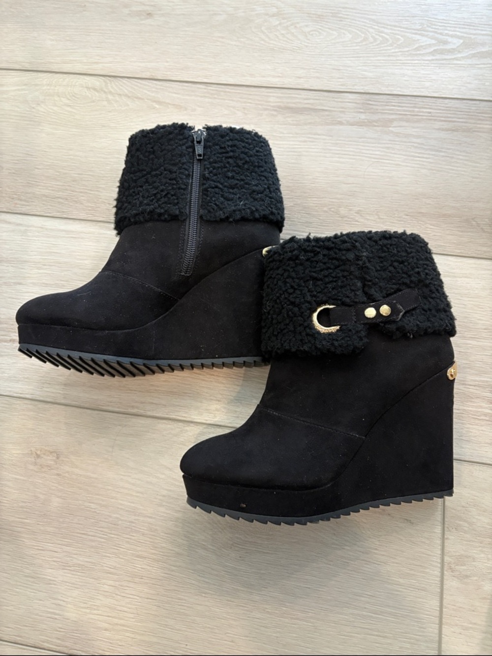 Juicy Couture Black Wedge Ankle Boots with Faux Shearling Cuff - Size 6